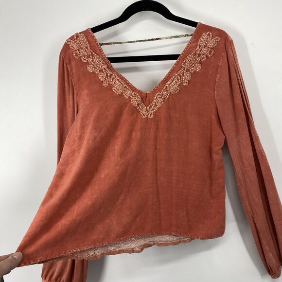 Gimmicks BKE Top Size Small String Back Lace Embroidery Orange Long Sleev V Neck - Picture 5 of 13
